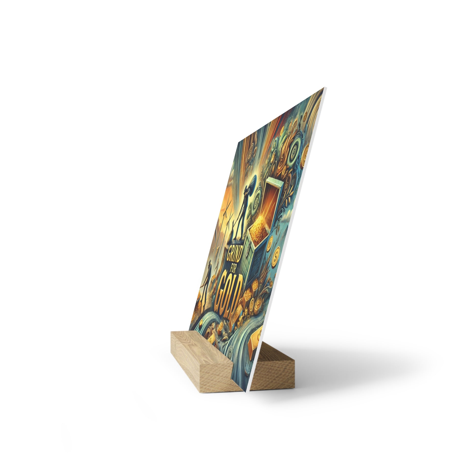 A tall angled poster on a light wooden block stand featuring a colorful, gold-toned graphic.