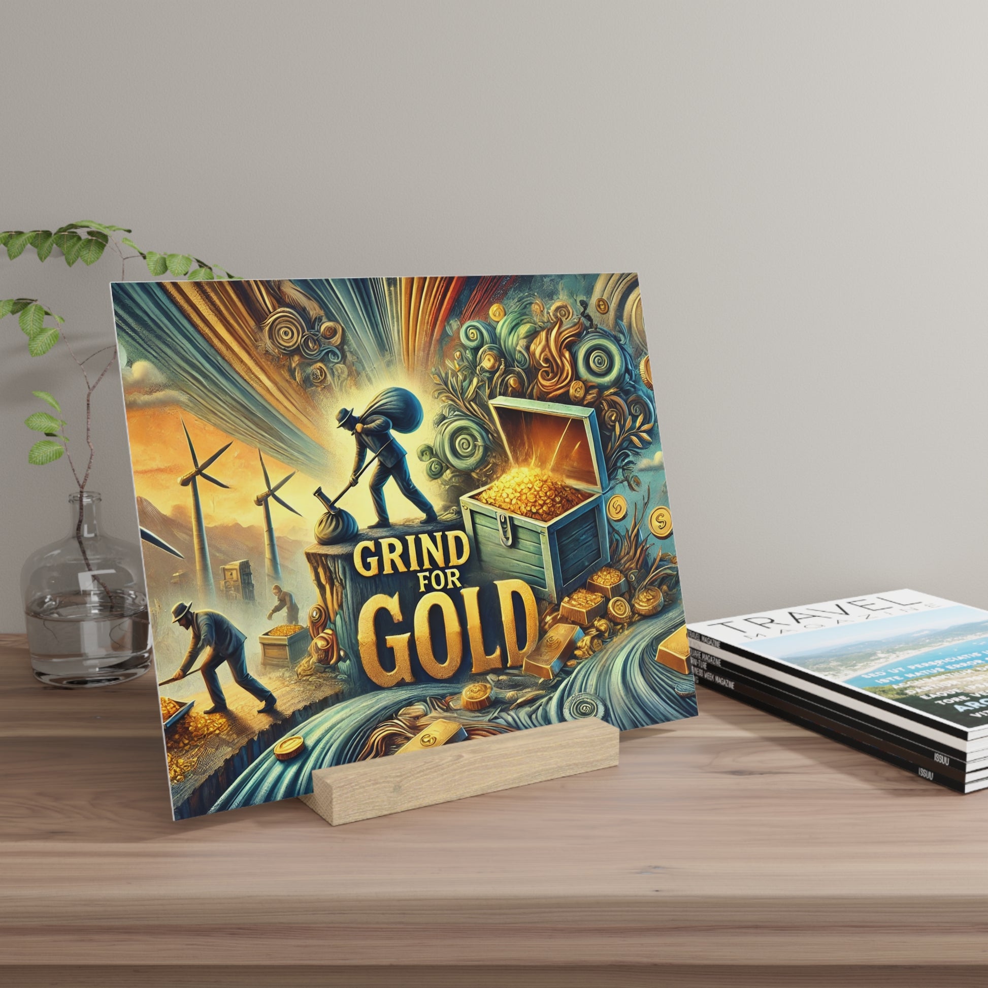 Colorful illustrated poster titled Grind for Gold, featuring miners, a treasure chest, and gold coins in a swirling, vibrant scene.