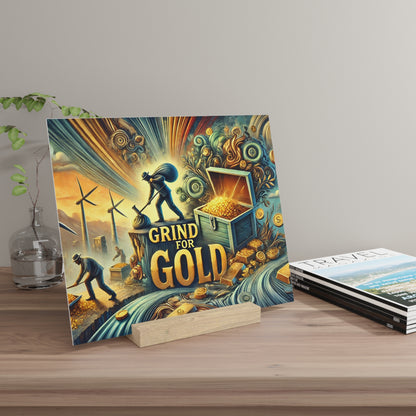 Colorful illustrated poster titled Grind for Gold, featuring miners, a treasure chest, and gold coins in a swirling, vibrant scene.