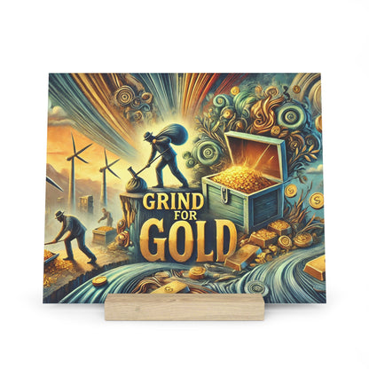 Vibrant fantasy-style poster with miners digging for gold, a treasure chest full of coins, and the title 'Grind for Gold'.
