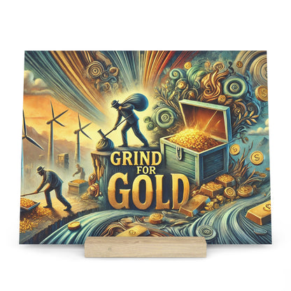 Colorful fantasy poster of miners digging for gold, a chest spilling coins, and gold bars amid swirling vines and wind turbines.