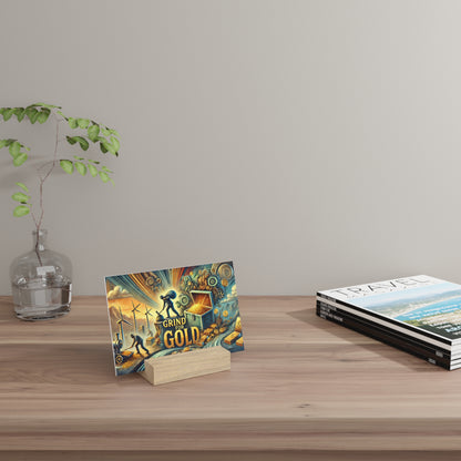 Colorful illustrated postcard titled Grind for Gold on a small wooden block stand on a light wood table, beside a glass vase with green