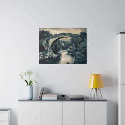 Canvas print of a stone arch bridge over a river, shown in a blue-gray monochrome.