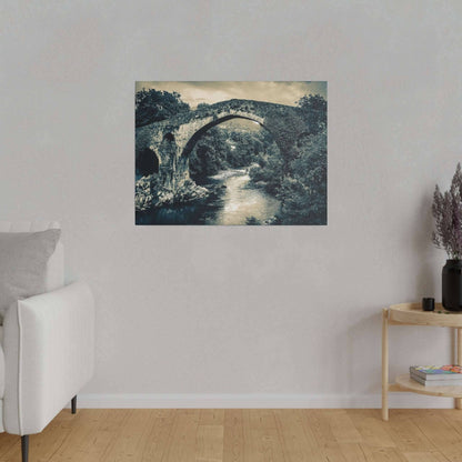 Canvas print of a historic stone arch bridge over a river, rendered in blue-toned monochrome.