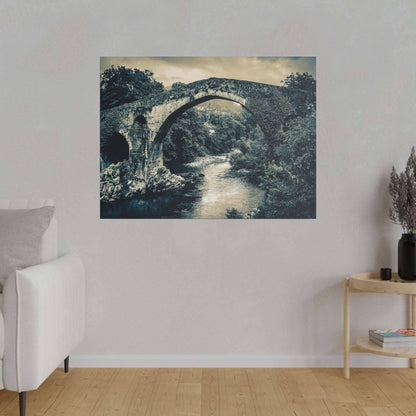 Canvas print of a historic stone arch bridge over a river, in blue-toned monochrome.