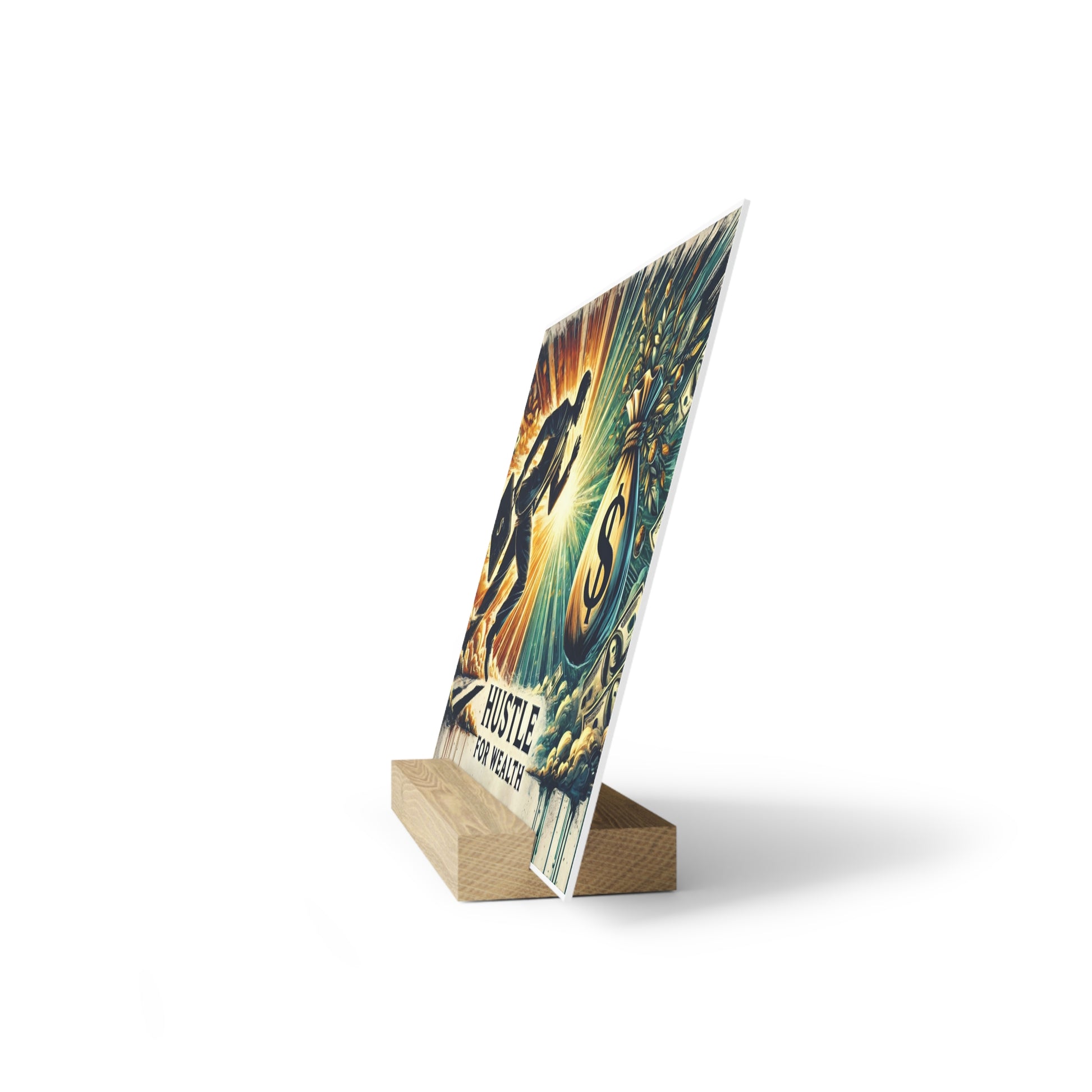 Colorful poster on a wooden stand featuring silhouettes, a prominent dollar sign, and the word “HUSTLE.”
