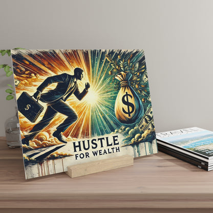 Vibrant vintage poster of a man in a suit chasing a glowing money bag amid explosive rays and the text “HUSTLE FOR WEALTH.”