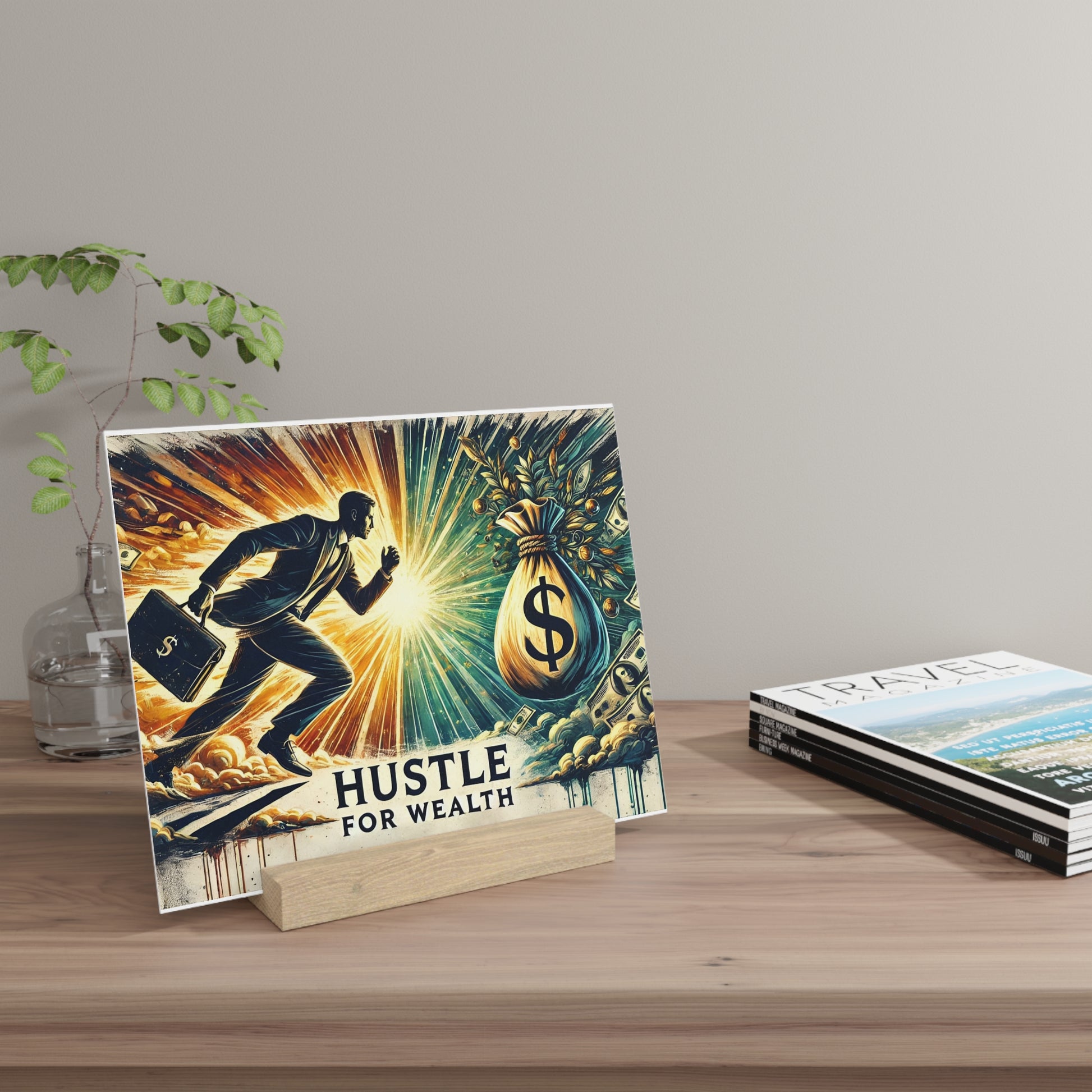 Vintage-style poster on a wooden stand shows a man in a suit running toward a money bag with the text “HUSTLE FOR WEALTH.”