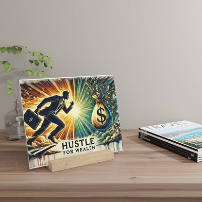 Vintage-style poster on a wooden stand shows a man in a suit running toward a money bag with the text “HUSTLE FOR WEALTH.”