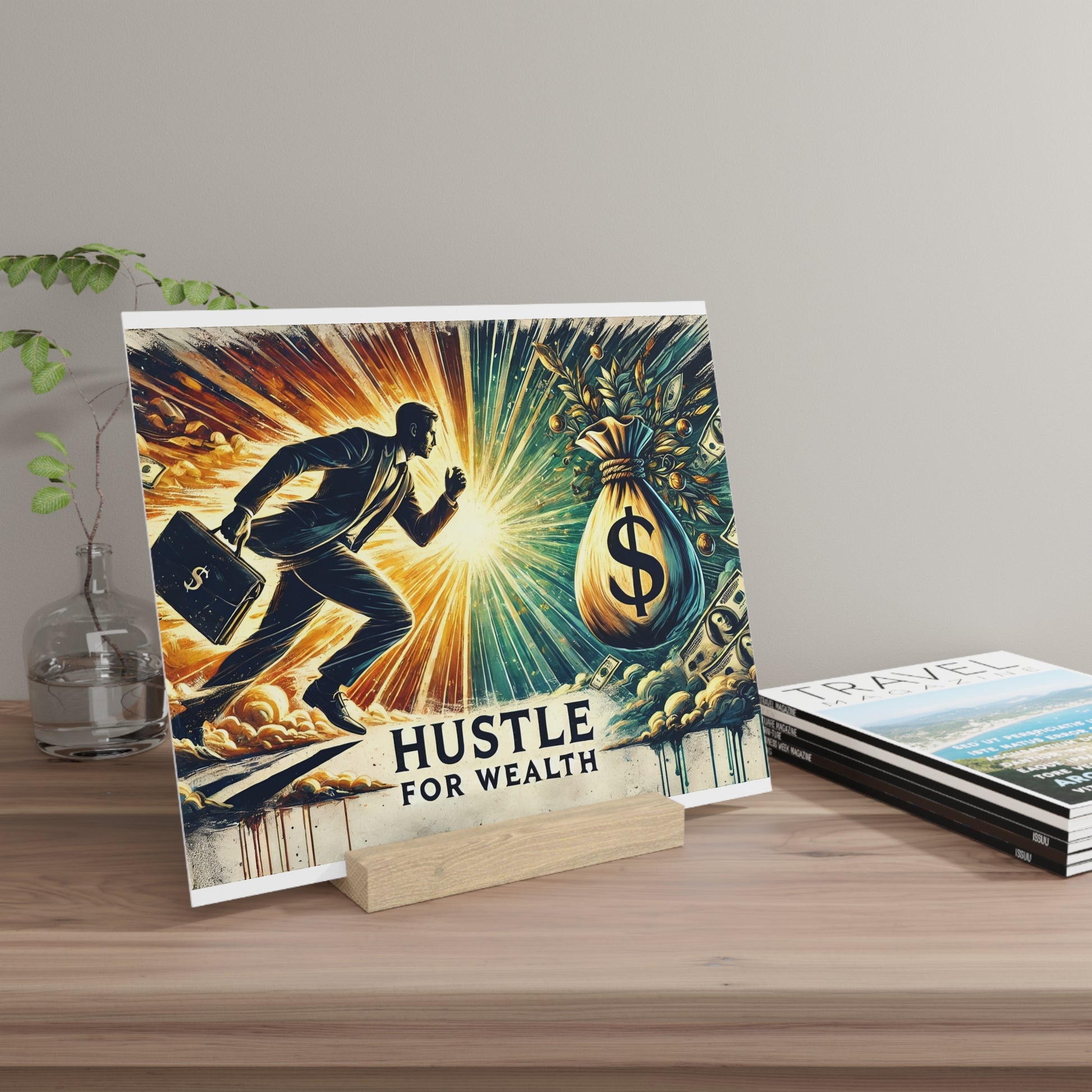 Retro-style poster showing a man in a suit running toward a large money bag, with the text "HUSTLE FOR WEALTH" on the bottom.