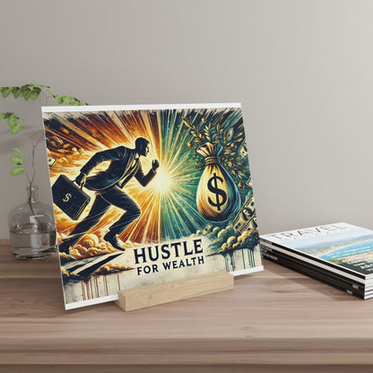 Retro-style poster showing a man in a suit running toward a large money bag, with the text "HUSTLE FOR WEALTH" on the bottom.