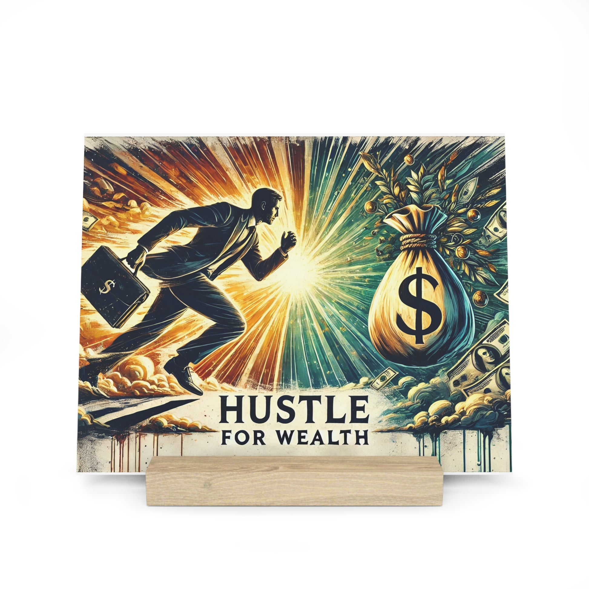 Colorful vintage-style poster showing a man in a suit chasing a glowing money bag with flying cash, and the caption “HUSTLE FOR WEALTH.”