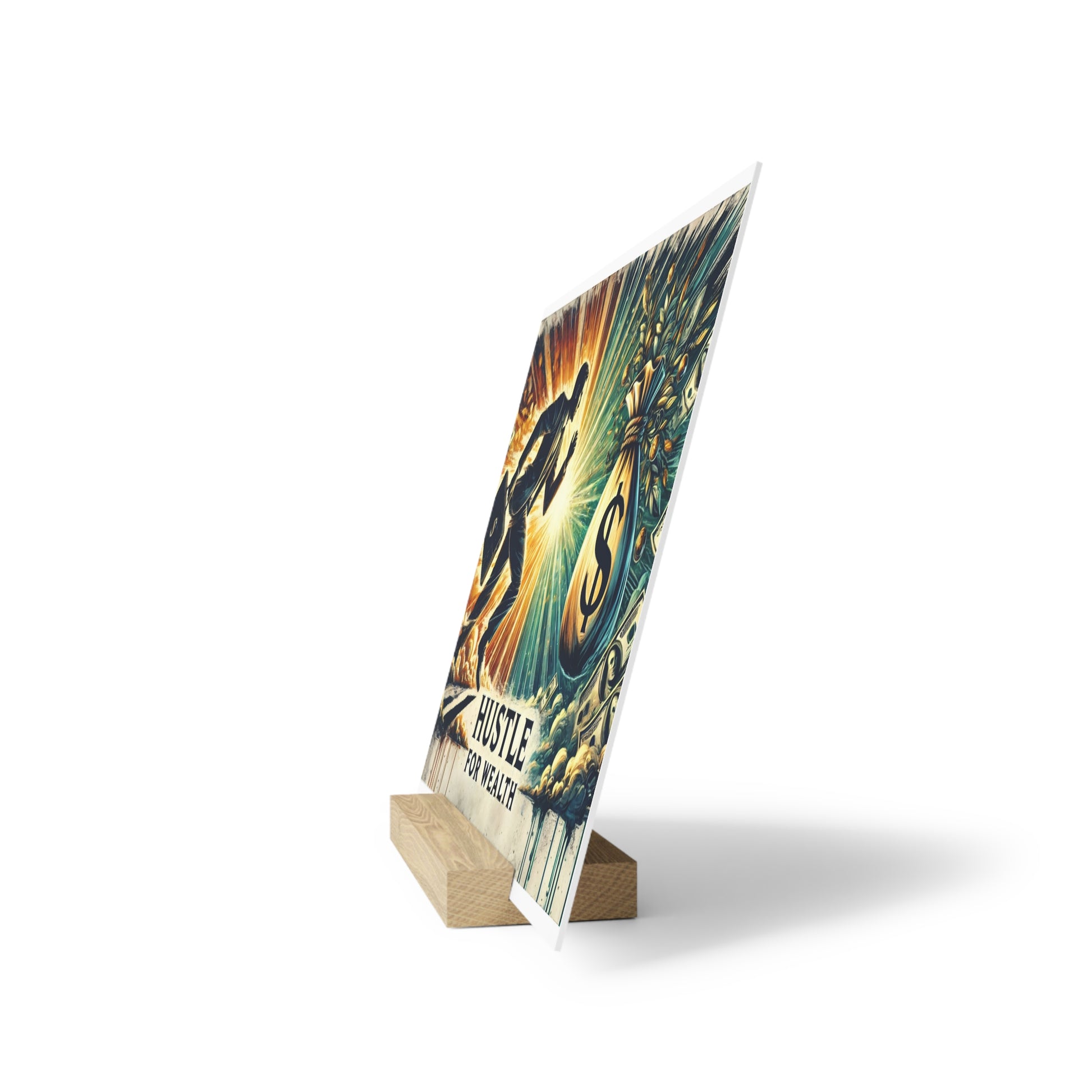 Colorful poster on a light wood stand, angled upright, with graffiti-style “HUSTLE” and dollar sign illustration.