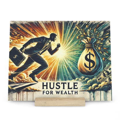 Vintage-style illustration of a man in a suit chasing a large money bag amid bursting light and flying cash, with 'HUSTLE FOR WEALTH' text.