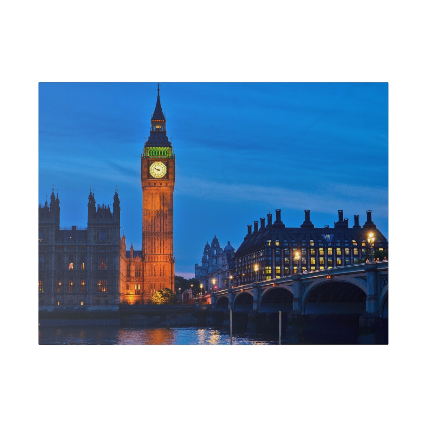 The iconic Big Ben clock tower in London, brightly lit against the evening sky, with the city’s historic buildings adding to the view.