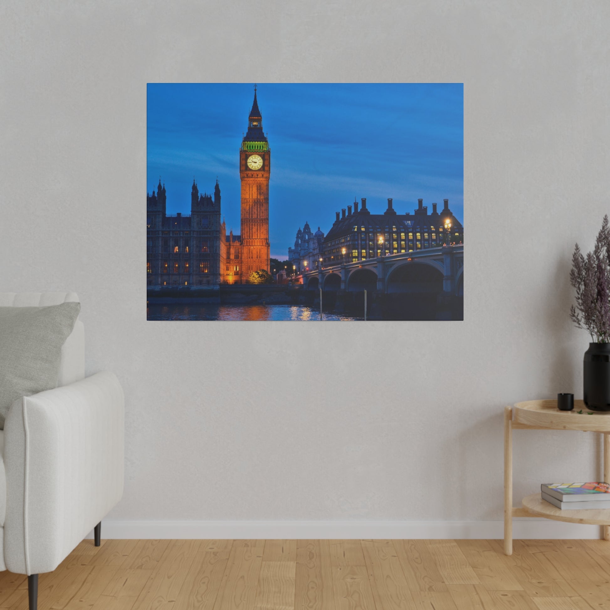 The iconic Big Ben clock tower shining brightly in the night, with the lights reflecting on the River Thames, capturing the essence of London.