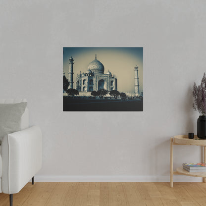 Square print of the Taj Mahal with its central dome and two minarets, on a gray living room wall.