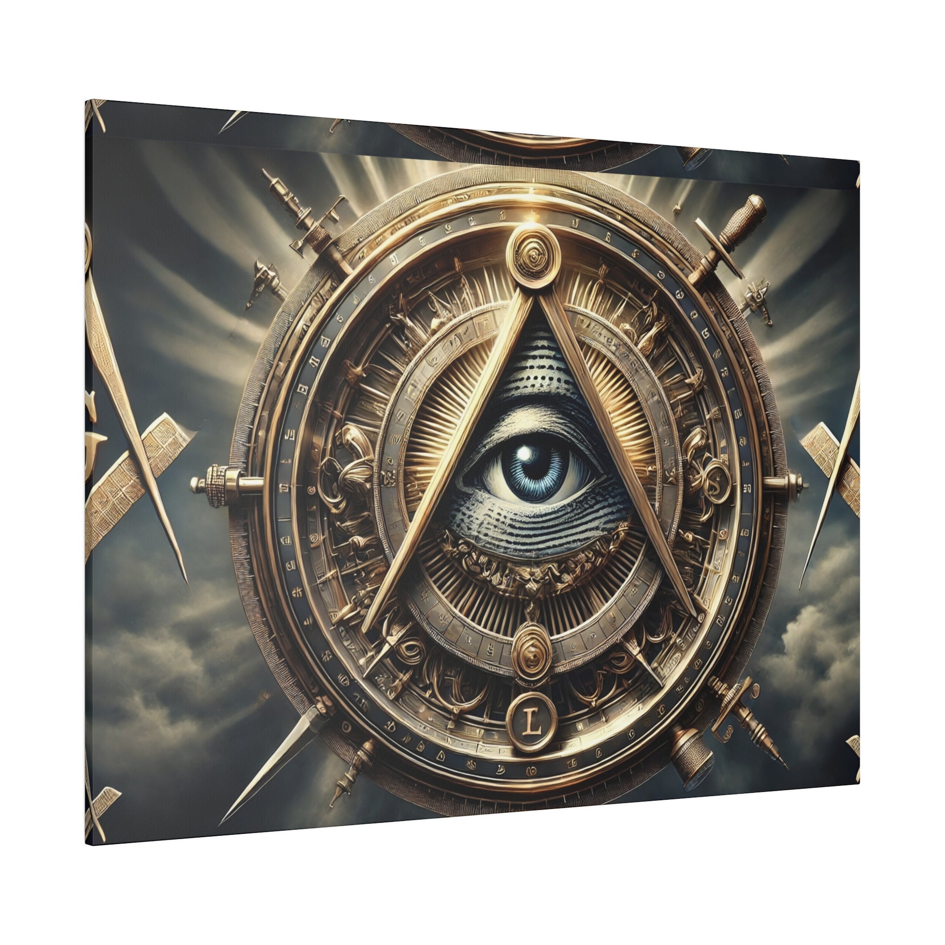 Circular brass steampunk mechanism with gears and a central eye framed by a triangle, surrounded by ornate metallic details and spokes.