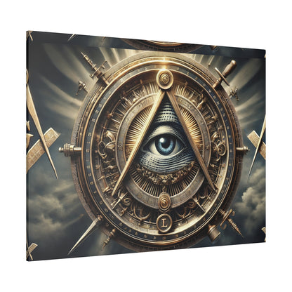 Circular brass steampunk mechanism with gears and a central eye framed by a triangle, surrounded by ornate metallic details and spokes.