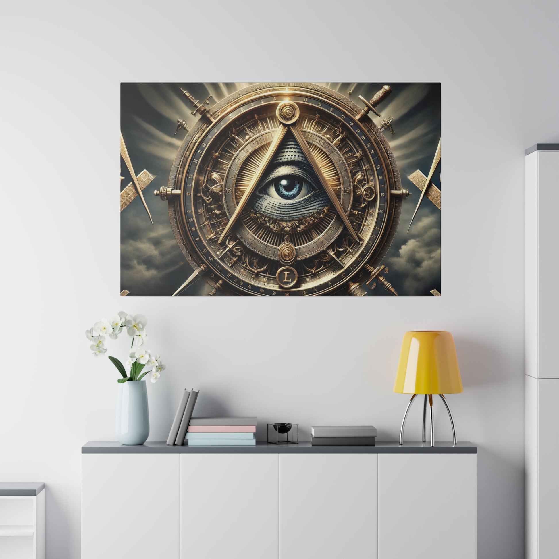 Poster of a steampunk circular mechanism with a blue eye at the center, mounted on a white wall.