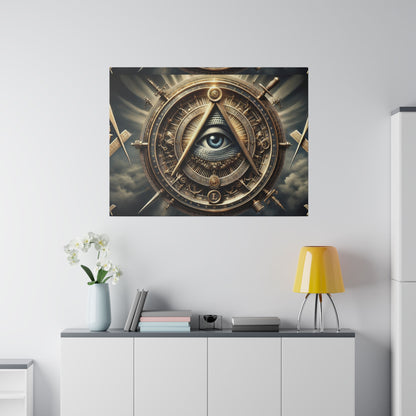 Wall art: a steampunk circular design with a triangular frame and an all-seeing eye in the center.