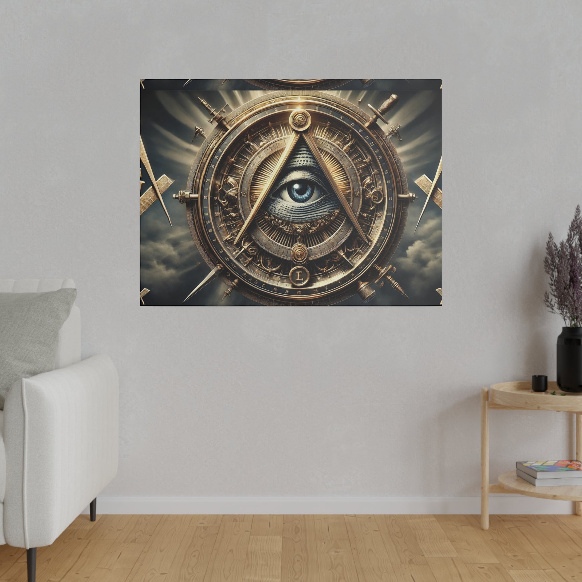 Square wall art depicting a bronze mechanical circular design with an all-seeing eye in a triangle at the center.