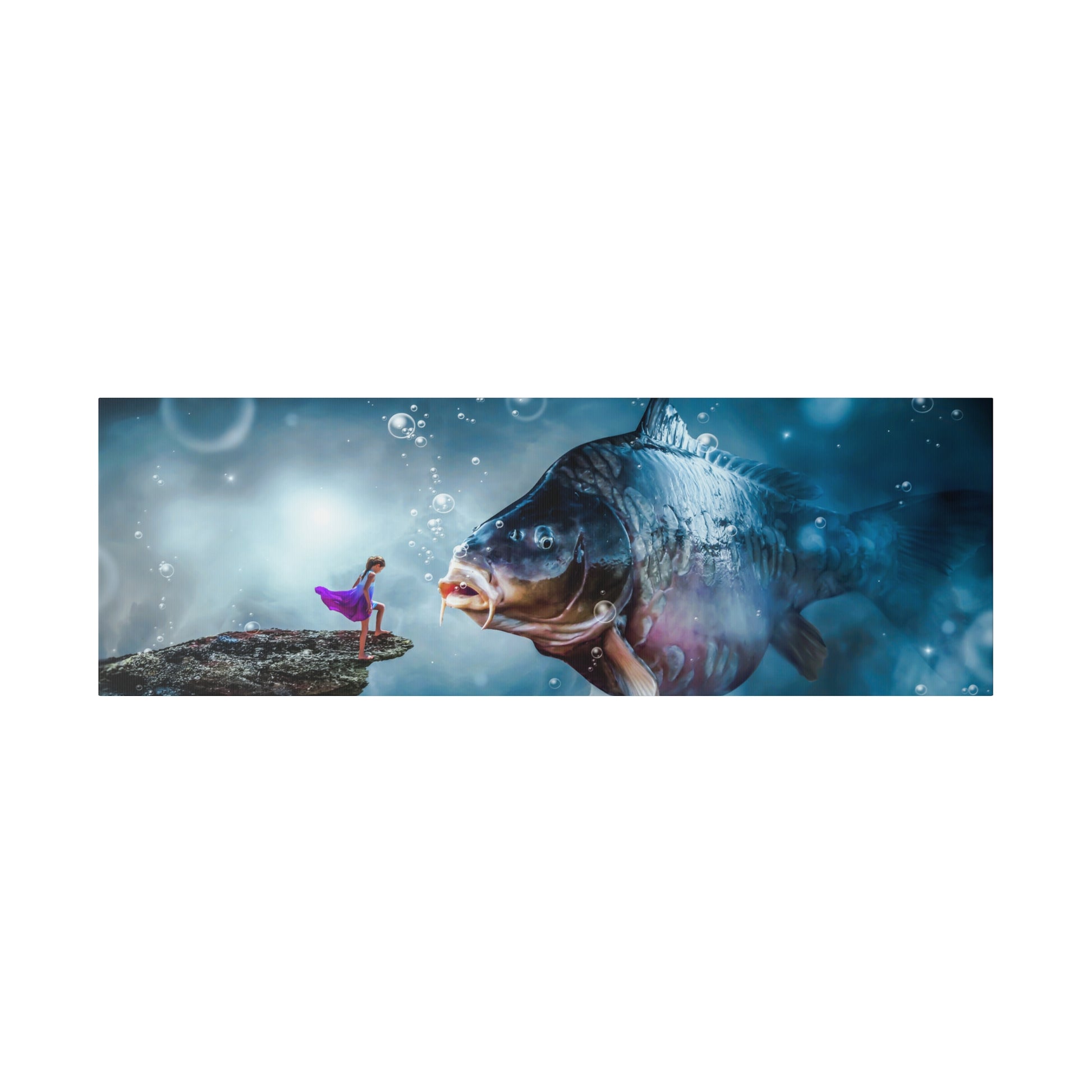 An imaginative underwater encounter where a girl stands on a rock, facing a giant fish. The scene is filled with bubbles, adding to the fantastical and whimsical atmosphere.