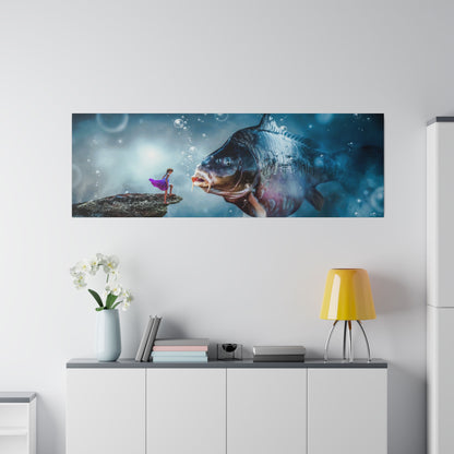 Rectangular underwater art print of a girl in a purple dress on a rocky ledge facing a giant blue fish, with bubbles.