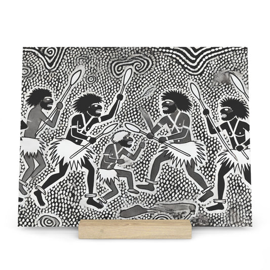 Black-and-white tribal illustration of several men in grass skirts wielding spears in a combat scene.