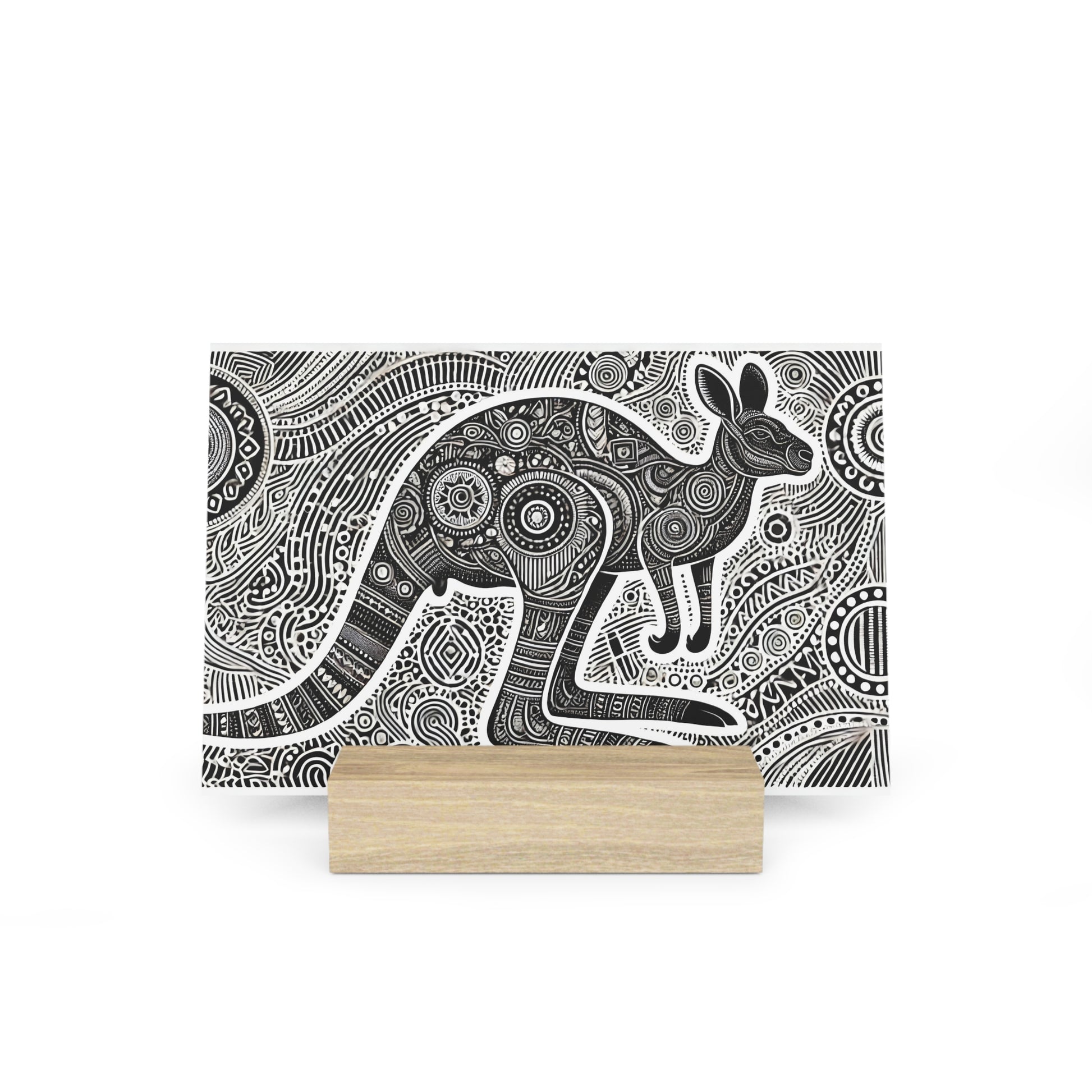 Black-and-white intricate kangaroo Zentangle illustration on a card, displayed on a light wooden stand.