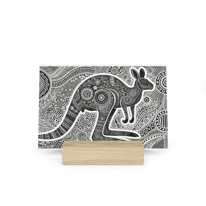 Black-and-white intricate kangaroo Zentangle illustration on a card, displayed on a light wooden stand.