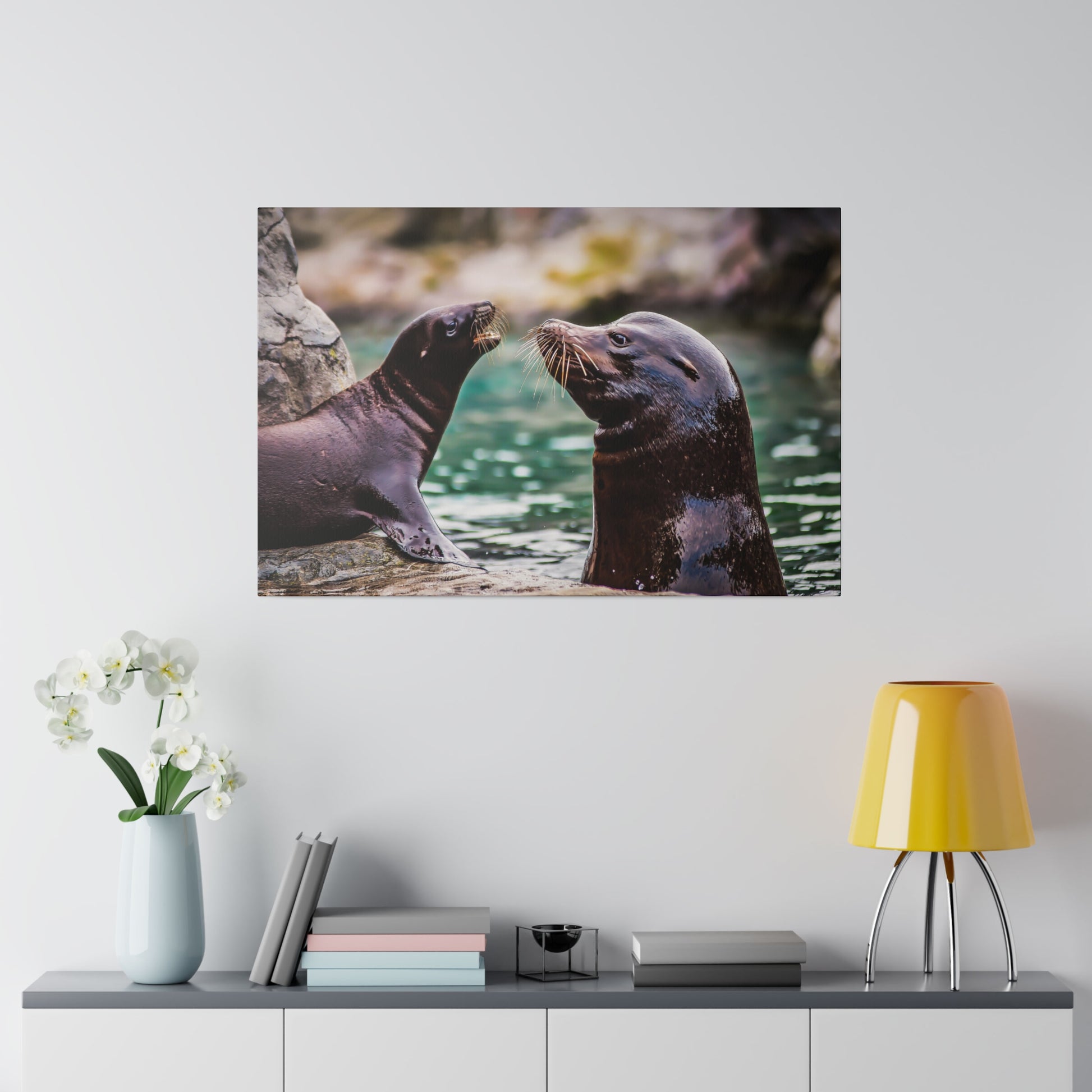 Inquisitive sea lions engaged in interaction by the water's edge. Their whiskers and sleek fur are prominent, highlighting their playful and curious behaviour.