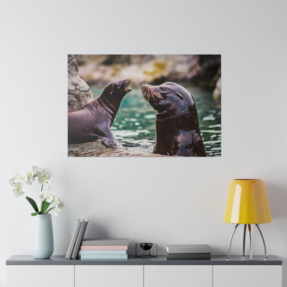 Two dark brown sea lions on rocks by green water, facing each other with visible whiskers.
