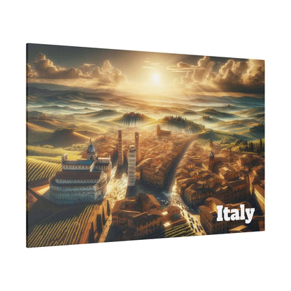 Canvas art titled Italy showing a sunlit Italian landscape with rolling hills and a city featuring the Colosseum and two tall towers.