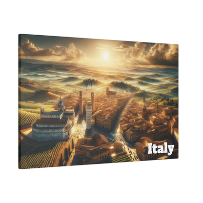 A stylized Italian landscape painting showing hills, rivers, and classical buildings with a dome and tower at sunset.