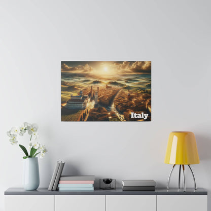 Framed wall poster showing a sunny Italian landscape with hills and a river, text “Italy” in the bottom right.
