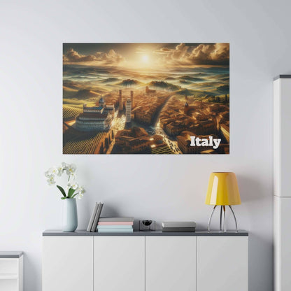 Rectangular canvas print of an Italian landscape at sunset, depicting a city with towers and rolling hills, with “Italy” in white