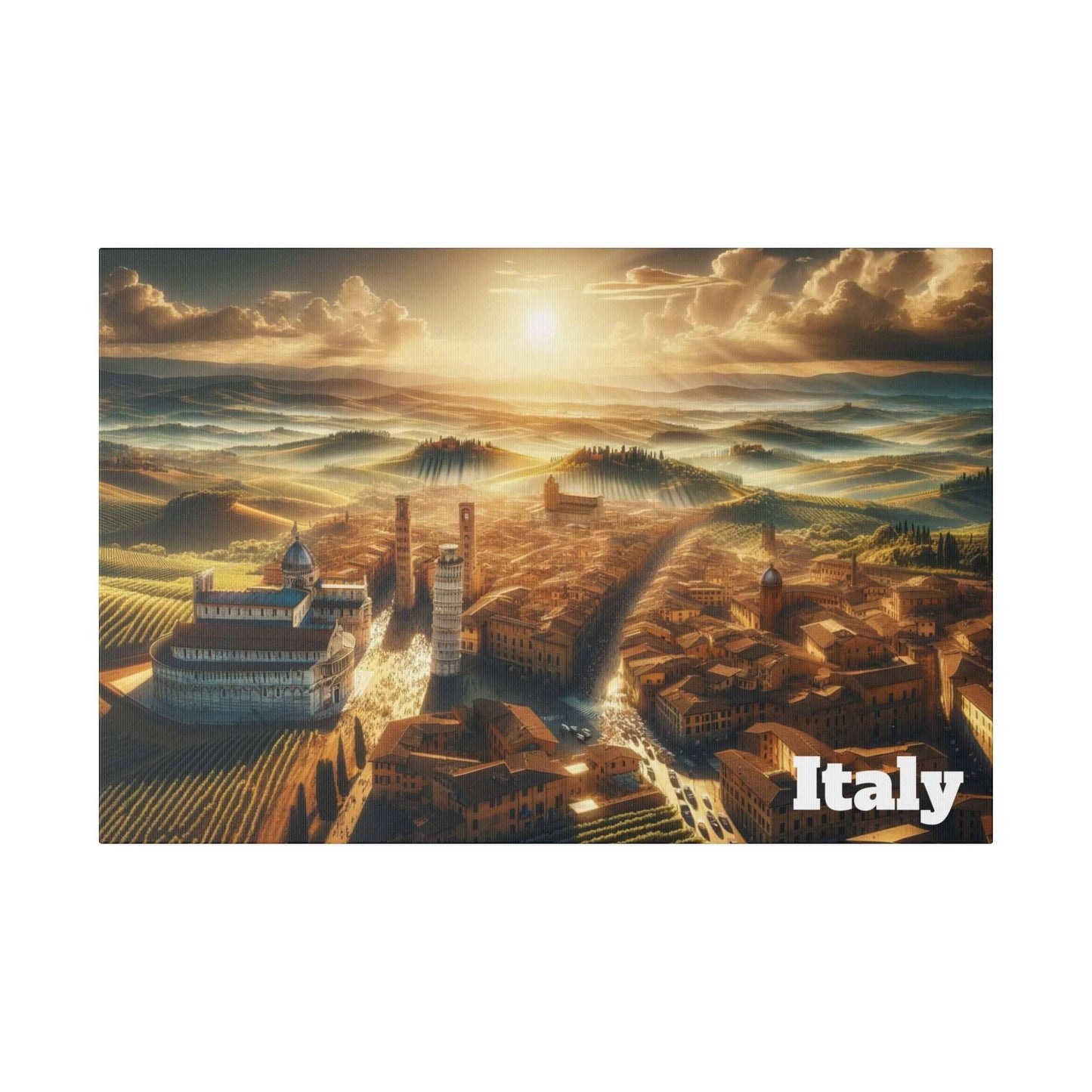 A breathtaking sunset landscape of Italy, showcasing historical buildings, rolling vineyards, and a golden sky. The scene captures the beauty and tranquility of the Italian countryside.