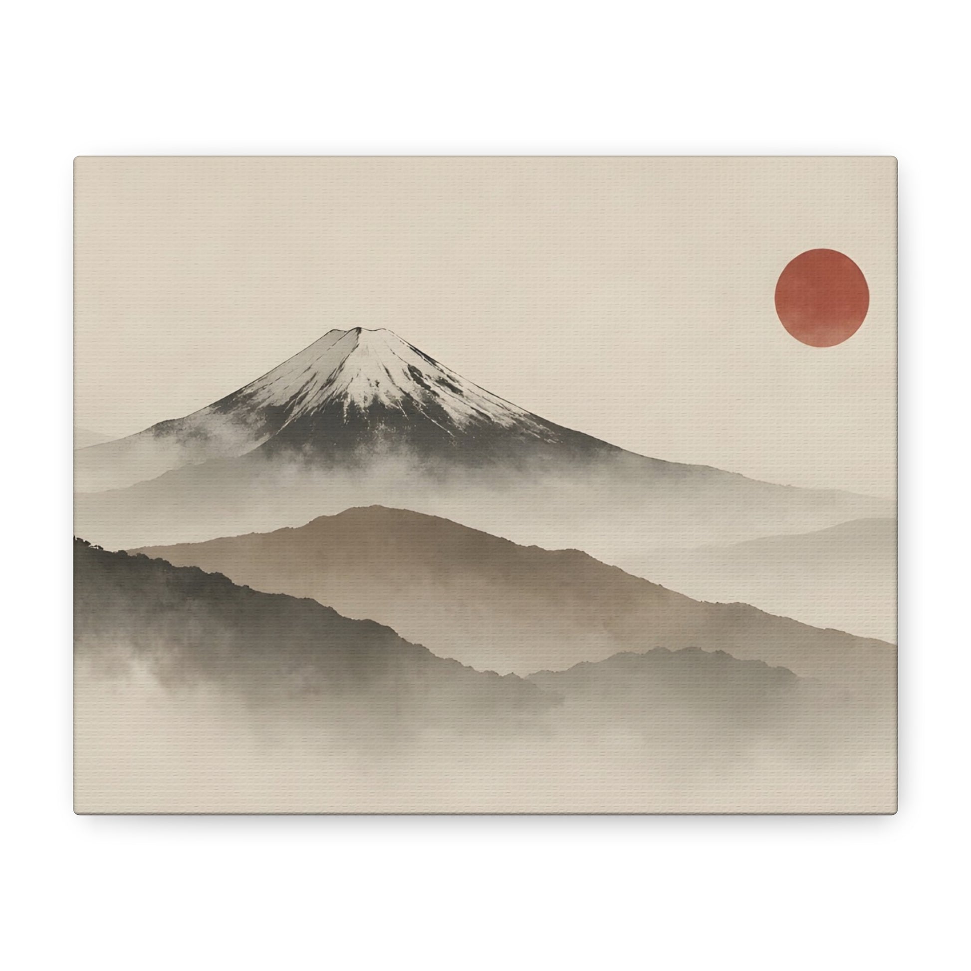 Japandi Mountain Landscape Canvas – Minimalist Zen Wall Art with Red Sun, canvas wall art, gallery image 1 of 60