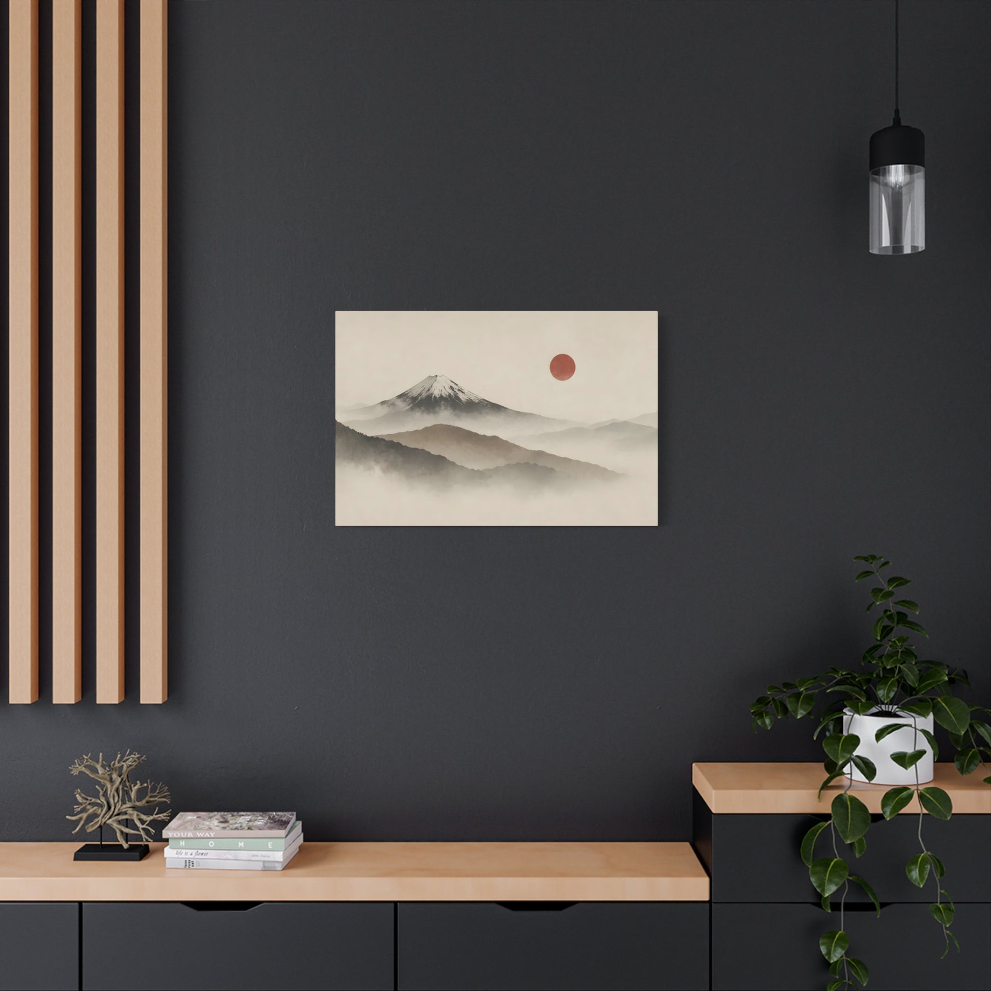 Japandi Mountain Landscape Canvas – Minimalist Zen Wall Art with Red Sun, canvas wall art, gallery image 42 of 60