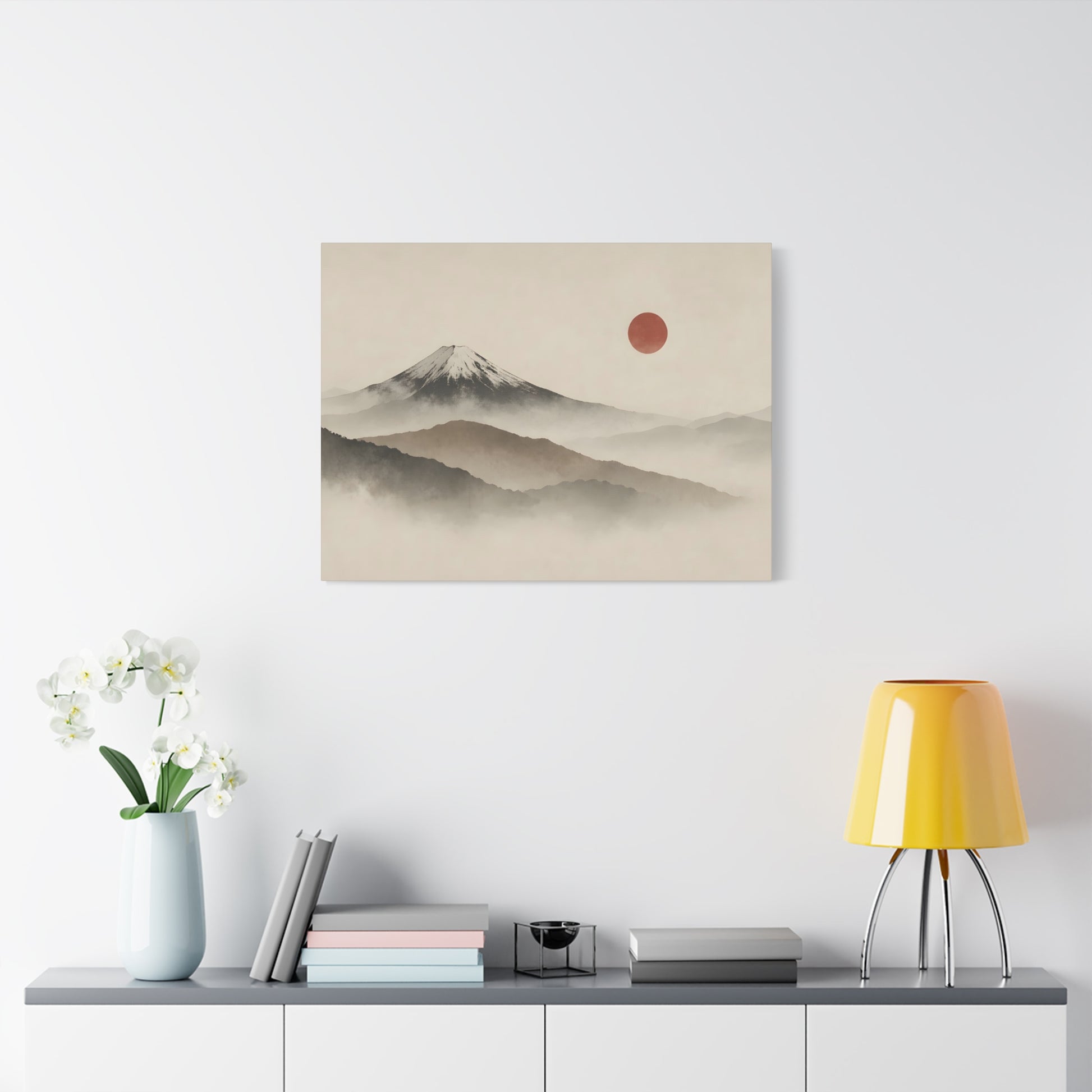 Japandi Mountain Landscape Canvas – Minimalist Zen Wall Art with Red Sun, canvas wall art, gallery image 47 of 60