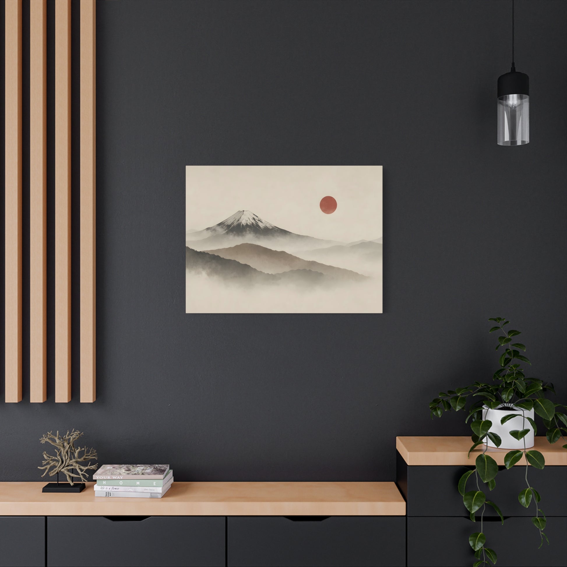 Japandi Mountain Landscape Canvas – Minimalist Zen Wall Art with Red Sun, canvas wall art, gallery image 48 of 60
