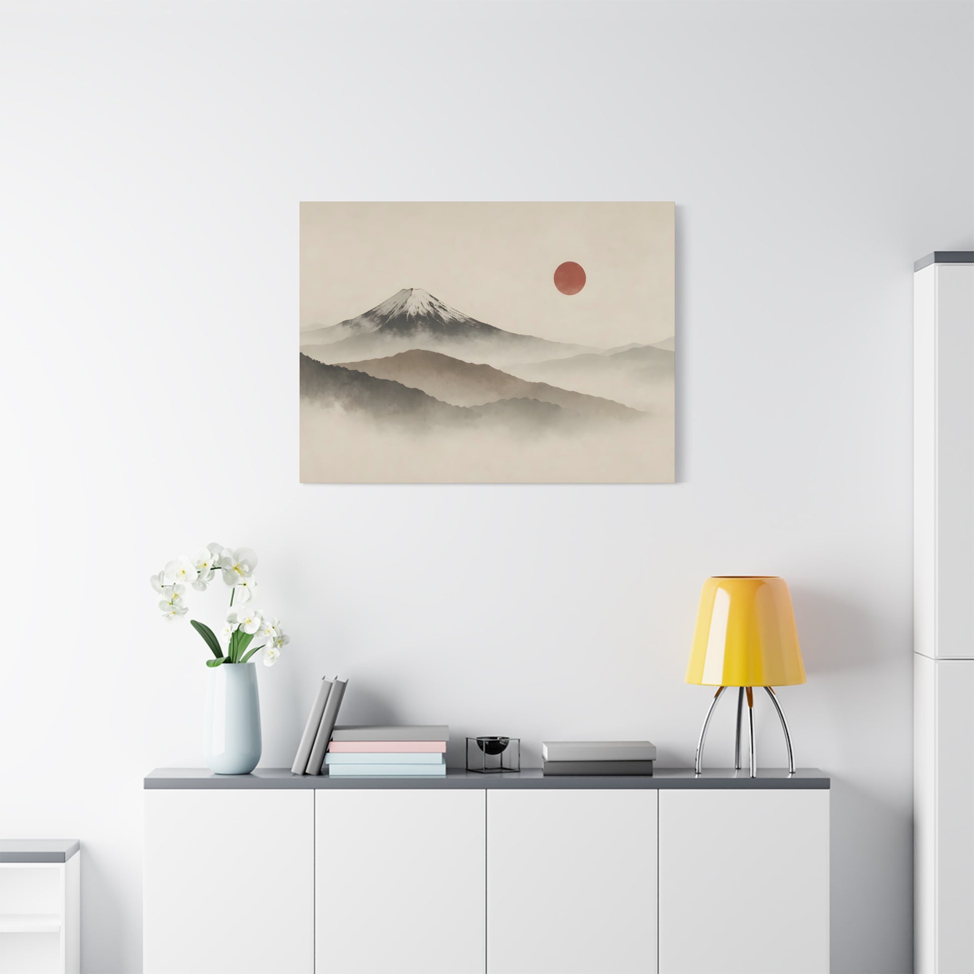 Japandi Mountain Landscape Canvas – Minimalist Zen Wall Art with Red Sun, canvas wall art, gallery image 53 of 60