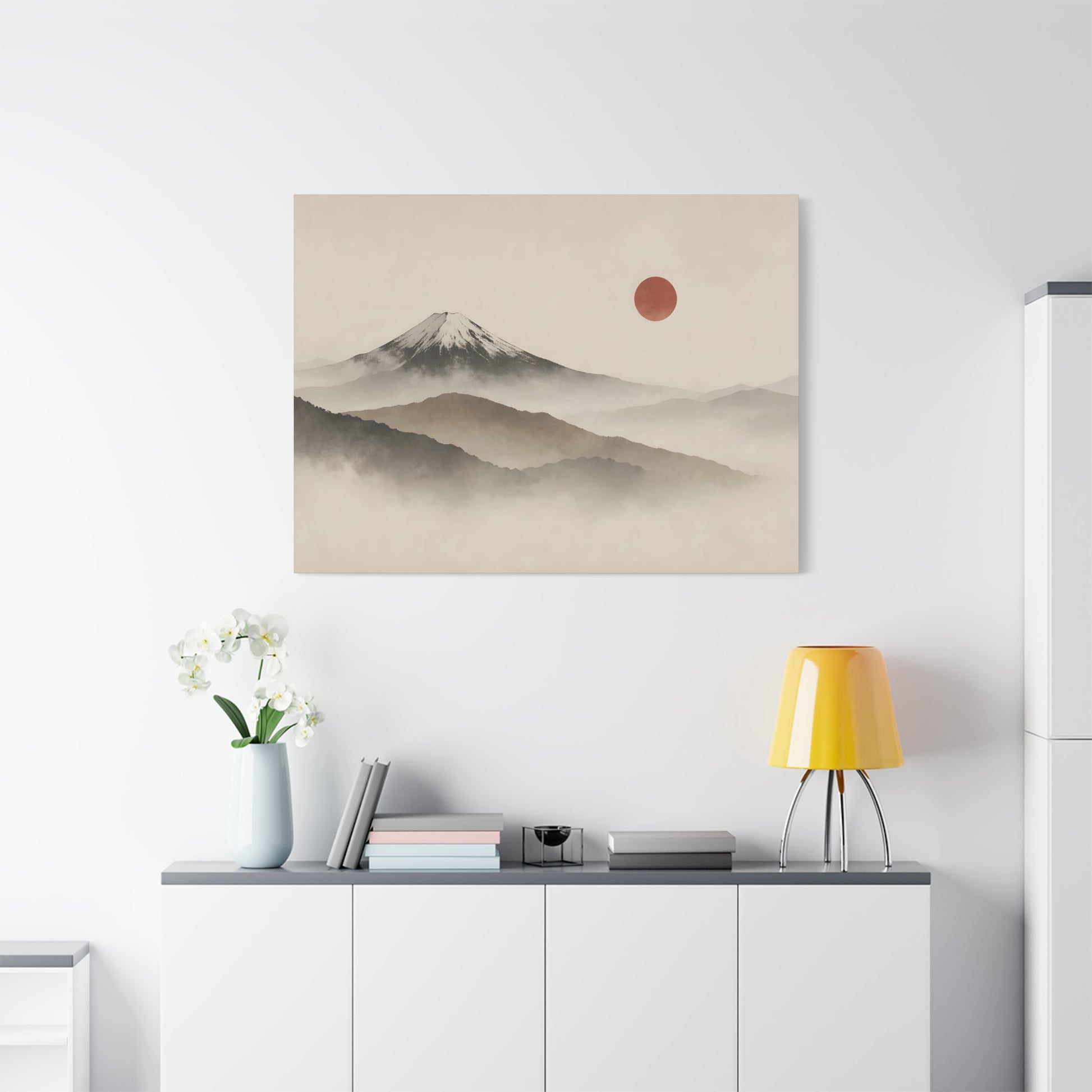 Japandi Mountain Landscape Canvas – Minimalist Zen Wall Art with Red Sun, canvas wall art, gallery image 56 of 60