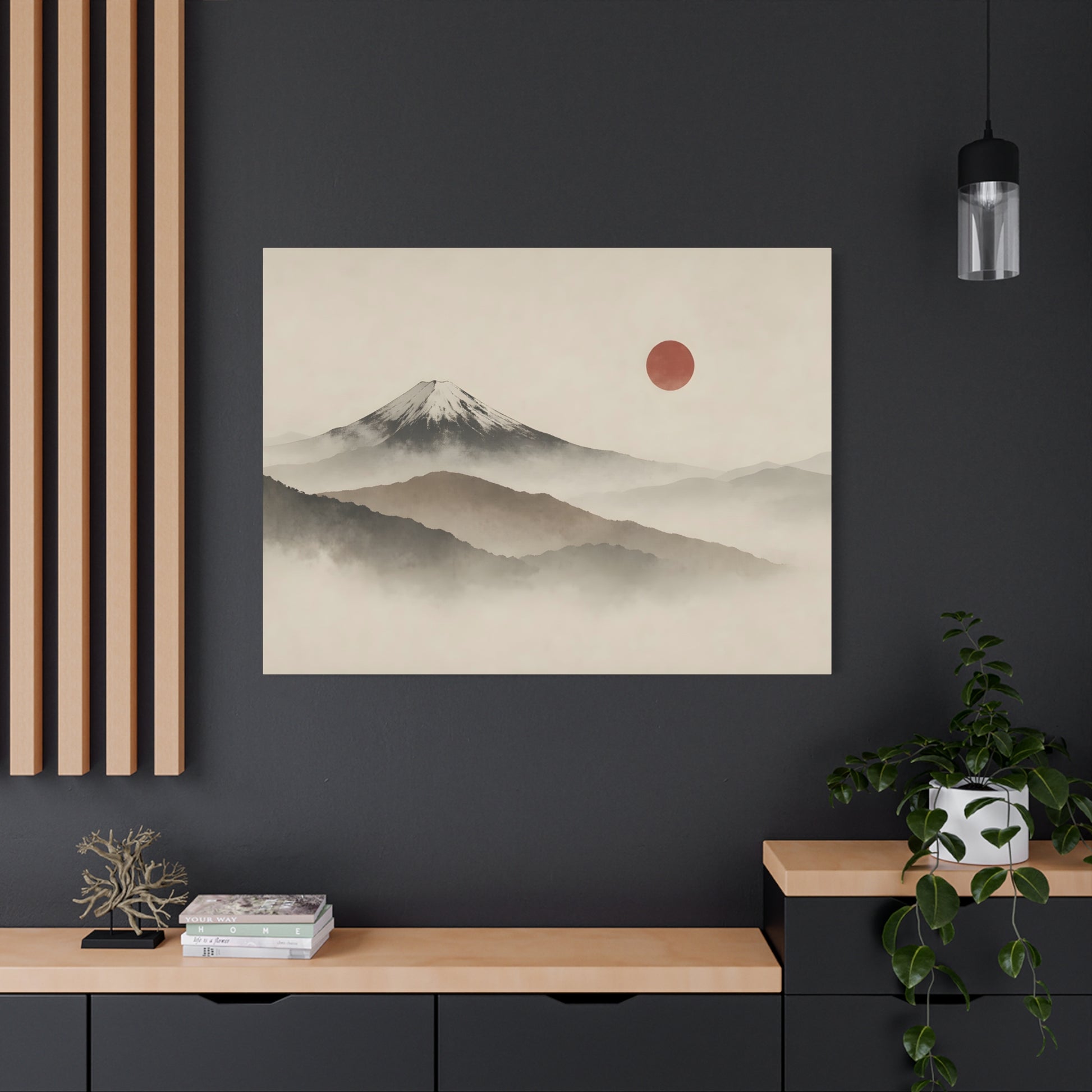 Japandi Mountain Landscape Canvas – Minimalist Zen Wall Art with Red Sun, canvas wall art, gallery image 57 of 60