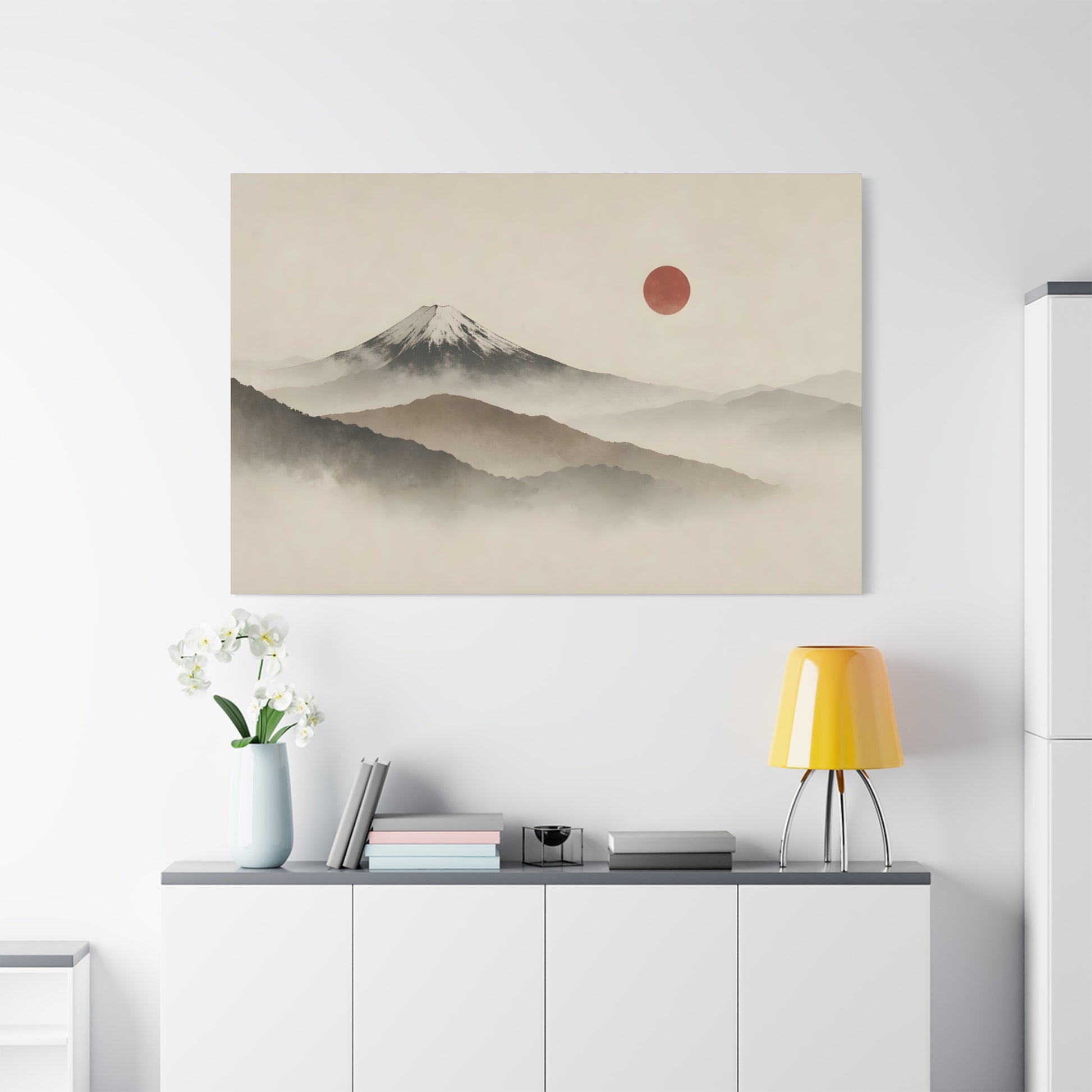Japandi Mountain Landscape Canvas – Minimalist Zen Wall Art with Red Sun, canvas wall art, gallery image 59 of 60