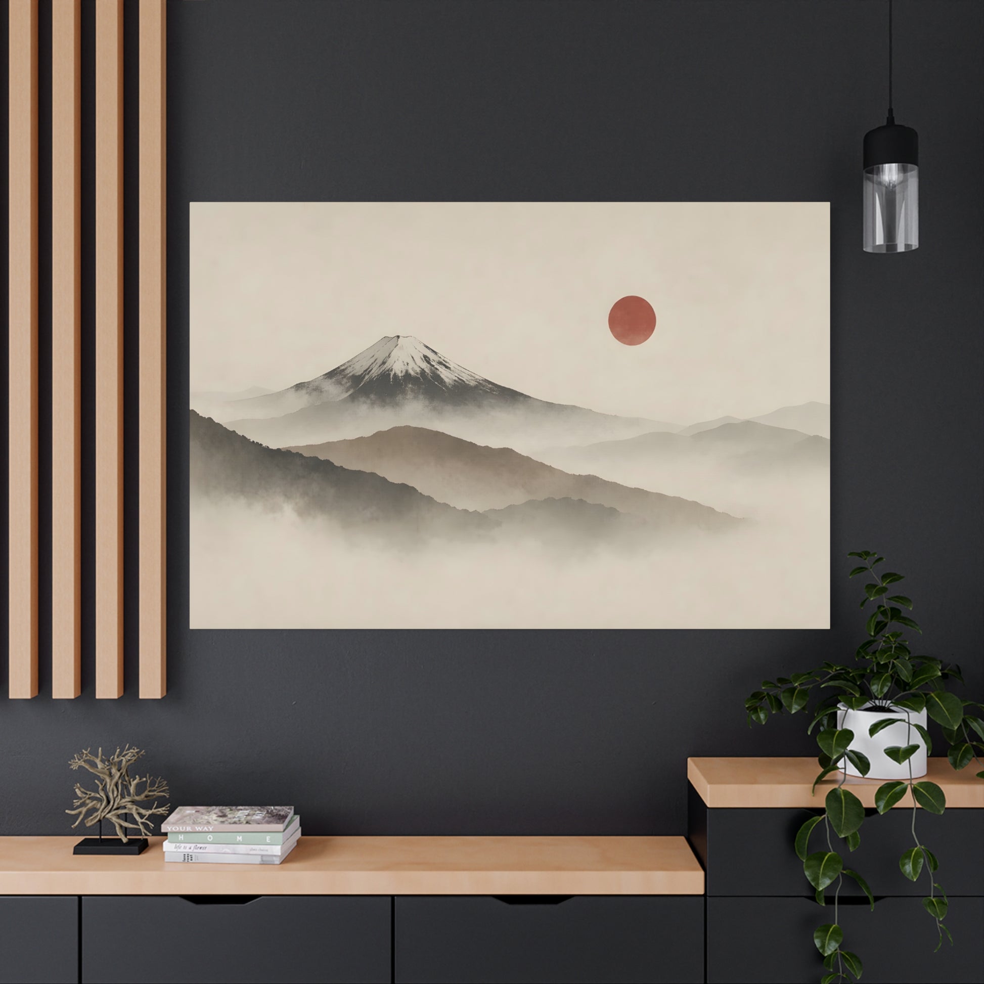 Japandi Mountain Landscape Canvas – Minimalist Zen Wall Art with Red Sun, canvas wall art, gallery image 60 of 60