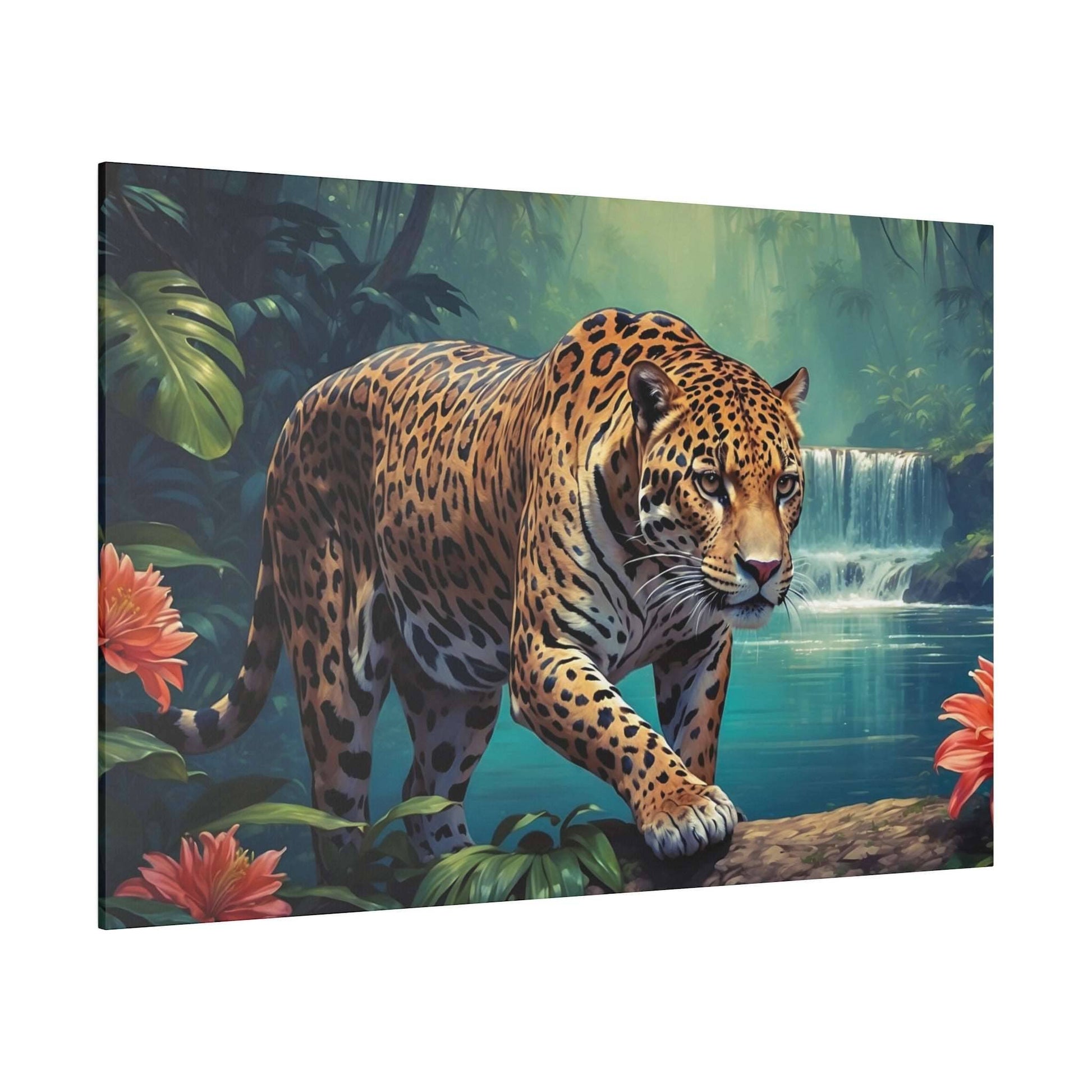 Leopard walking along a log in a tropical jungle with a waterfall in the background, on a canvas print.