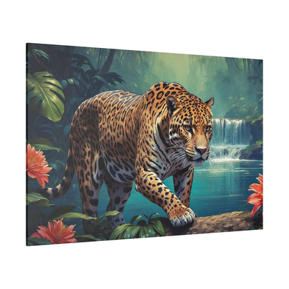 Leopard walking along a log in a tropical jungle with a waterfall in the background, on a canvas print.