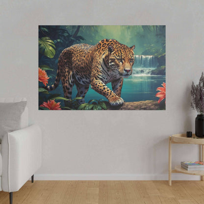 Leopard on a canvas print in a jungle scene with a waterfall, showing an orange coat with black spots.